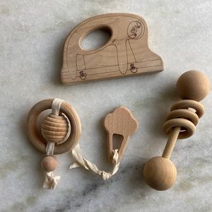 4 wooden baby rattle and teething toys